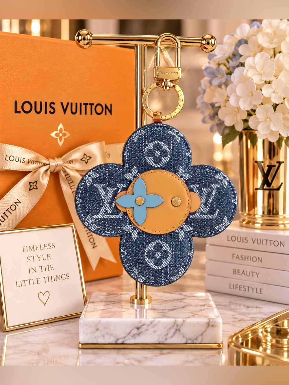 Blue Denim Monogram Flower Key Charm